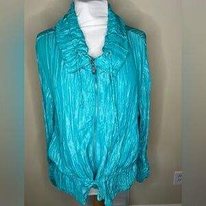 Vintage Ruby Red Teal Zip-Up Jacket with Ruffled Collar